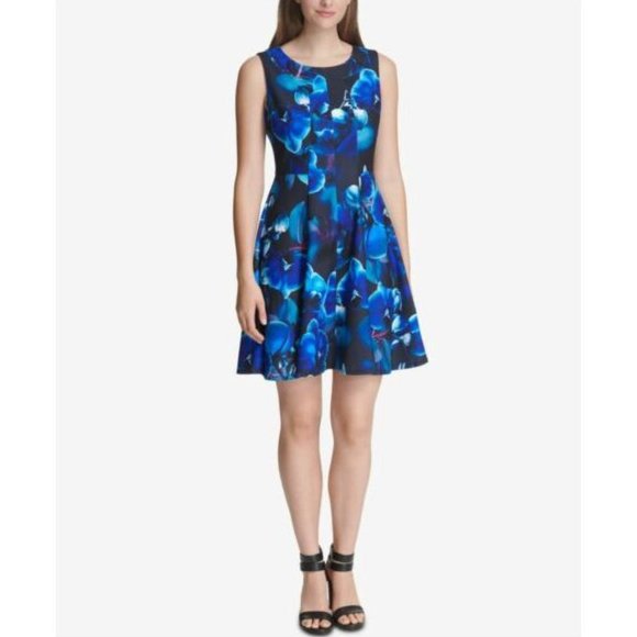 DKNY Blue Floral Sleeveless Scuba Crepe Fit & Flare Dress sz 12 NEW Women's